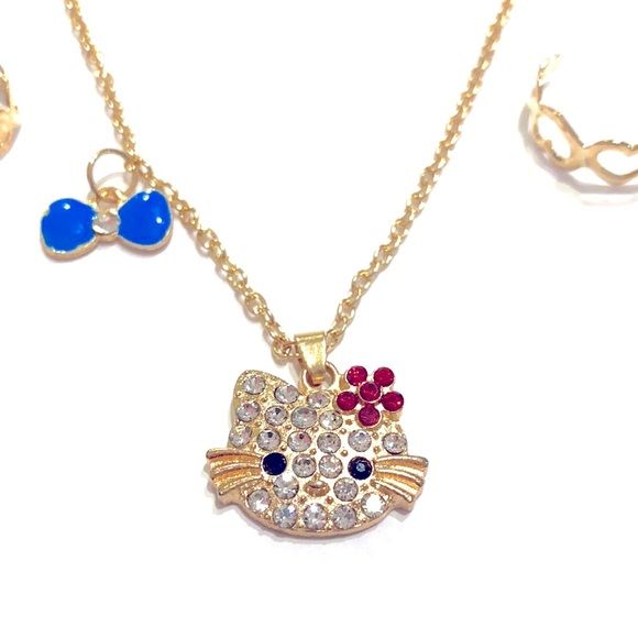 Hello Kitty Necklace Earrings Ring Jewelry Set Gold Tone Blue Bow - Picture 3 of 5